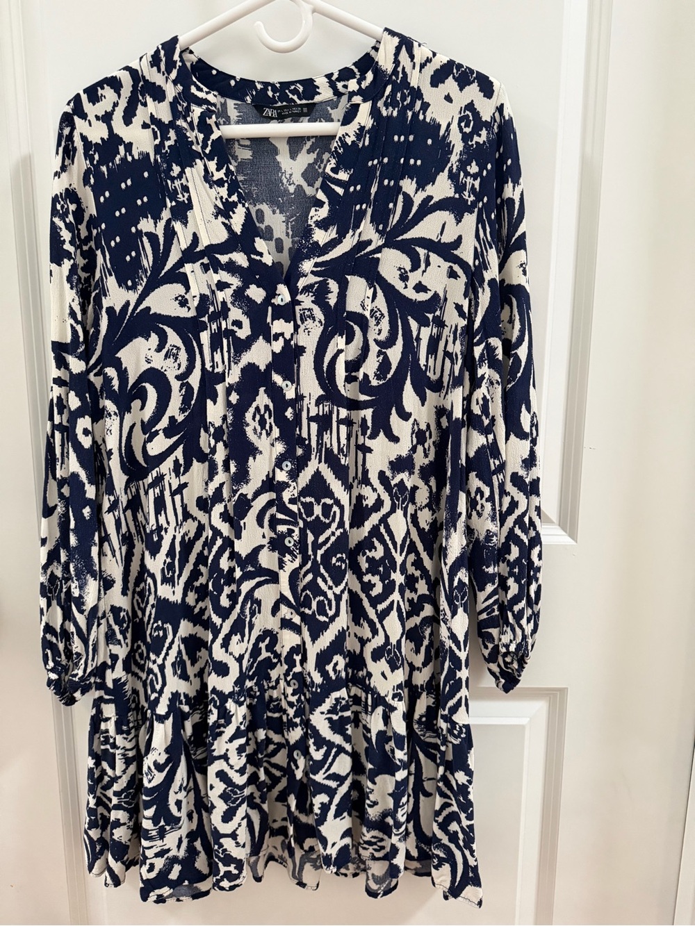 Zara Navy and White Printed Long-Sleeve Tunic Dress